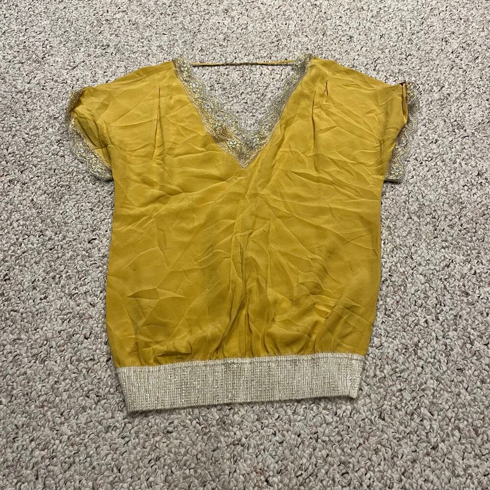 Pinko Lace Trim Short Sleeve Blouse 6 Yellow Dainty Feminine Lightweight Casual